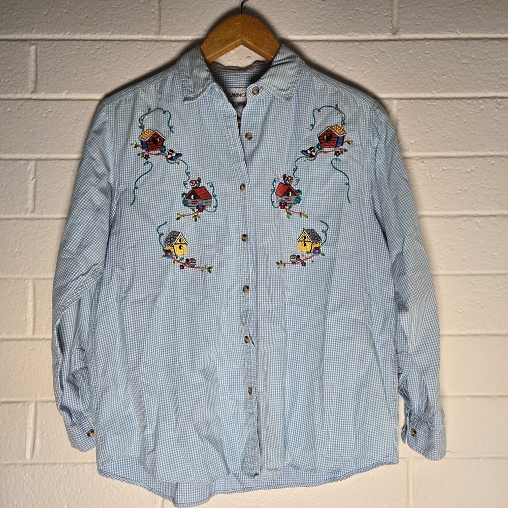 Vtg Cabin Creek Button Up Shirt Medium Gingham Birdhouse Embroidered Top Novelty